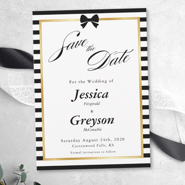 Save The Date Cadre de mariage élégant noir blanc rayé or (Créateur téléchargé)