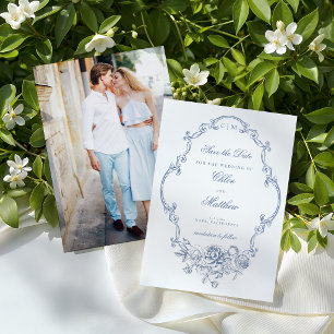 Save The Date Cadre de mariage floral bleu poussiéreux élégant c