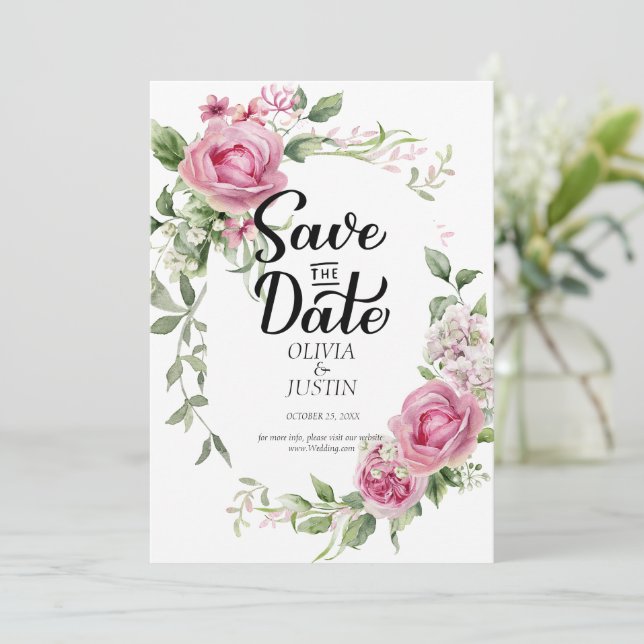 Save The Date Cadre de mariage floral rose aquarelle (Debout devant)