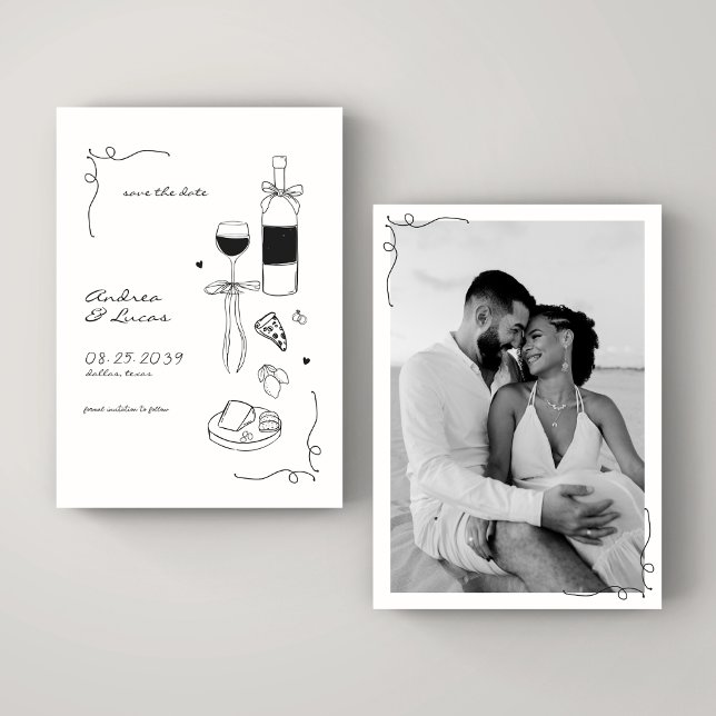 Save The Date Cadre de mariage vin pizza dessinés avec fantaisie (Créateur téléchargé)