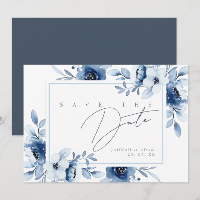 Save The Date Cadre de monogramme floral bleu élégant (Devant / Derrière)