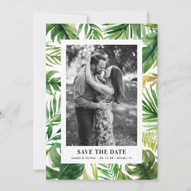 Save The Date Cadre de photo de feuilles tropicales à l'aquarell (Devant)