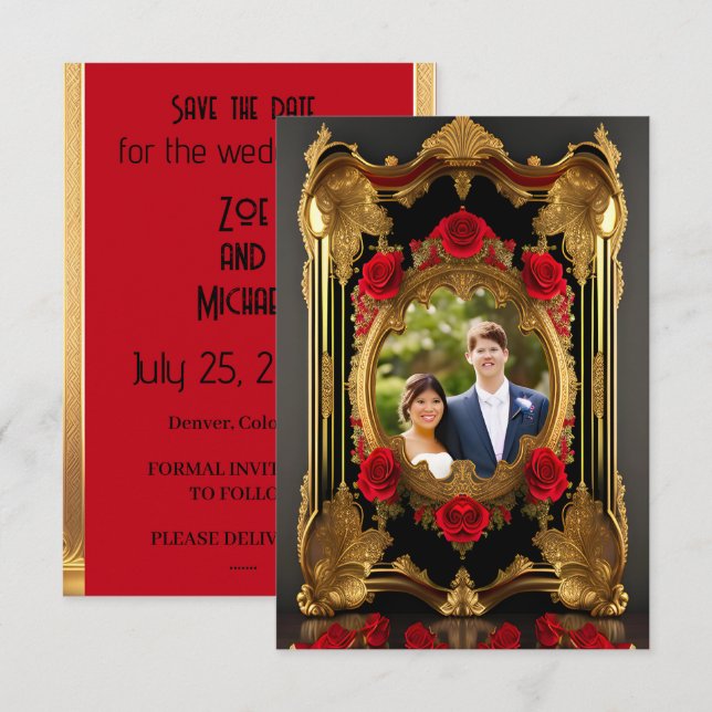 Save The Date Cadre doré aux roses rouges, photo de style gothiq (Devant / Derrière)