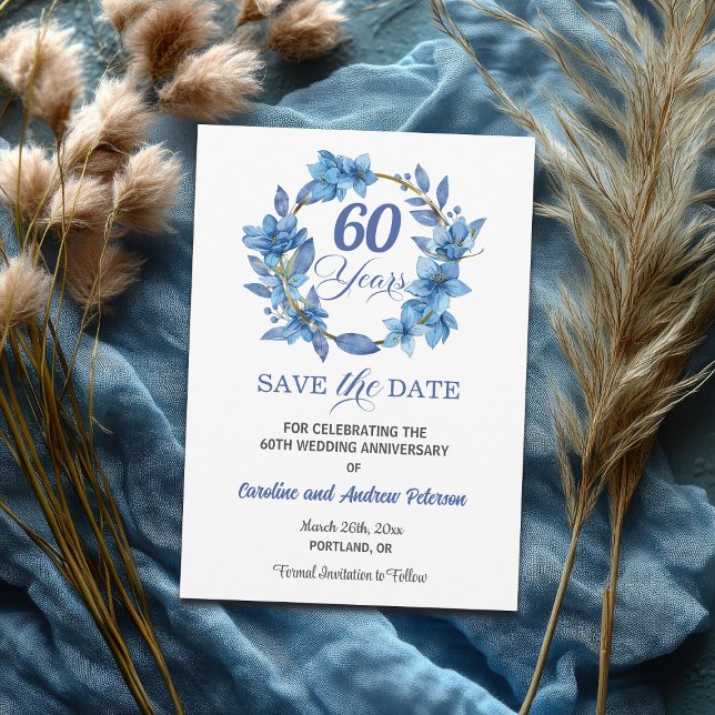 Save The Date Cadre doré floral bleu 60e anniversaire de mariage (Créateur téléchargé)