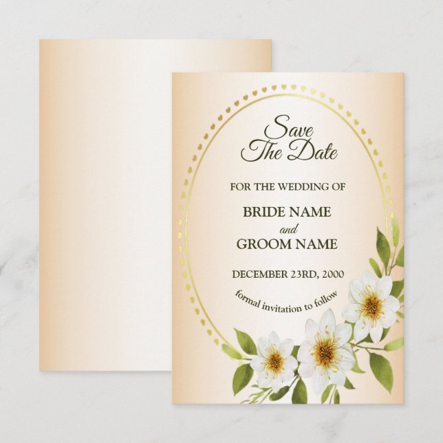 Save The Date Cadre Doré Rustique de Mariage Fleur Blanche Pêche (Devant / Derrière)