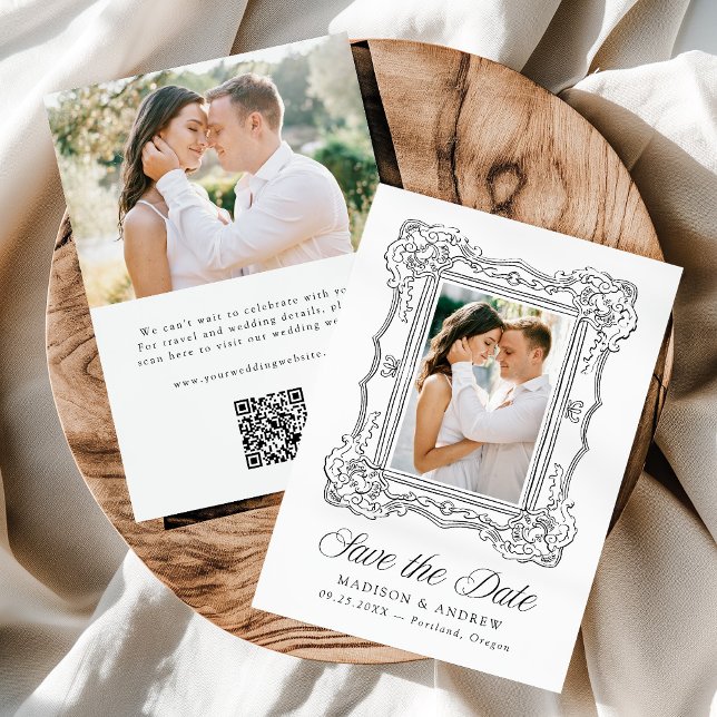 Save The Date Cadre Élégant Noir Orné 2 Photo QR Code Mariage (Créateur téléchargé)