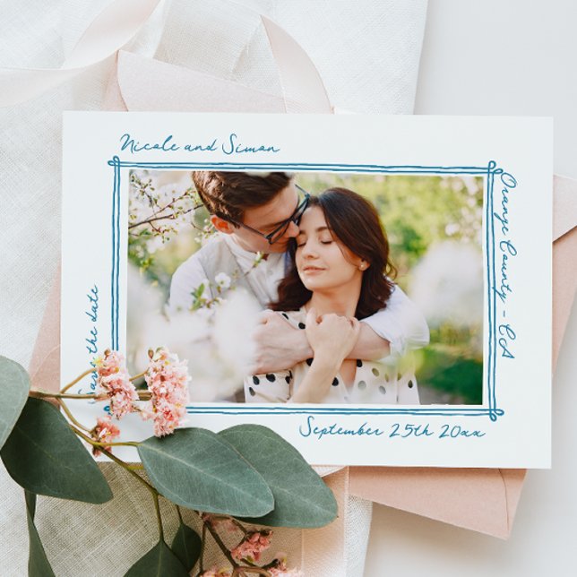 Save The Date Cadre esquissé Mariage photo à main blanche (Créateur téléchargé)