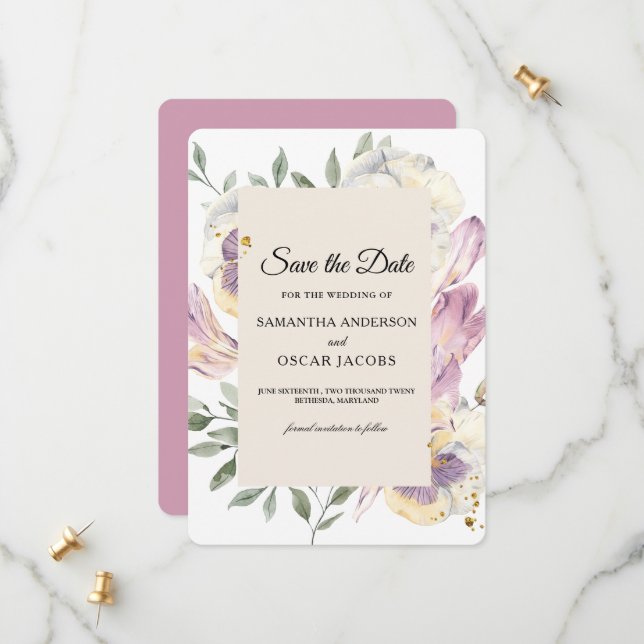 Save The Date Cadre floral aquarelle élégant violet et pensée (Devant/Arrière en situation)