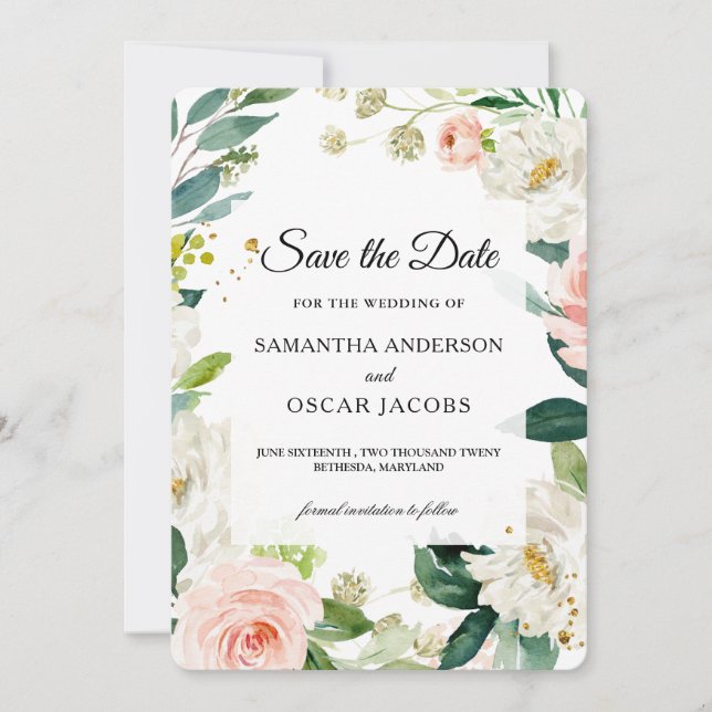 Save The Date Cadre floral aquarelle rose pâle élégant (Devant)