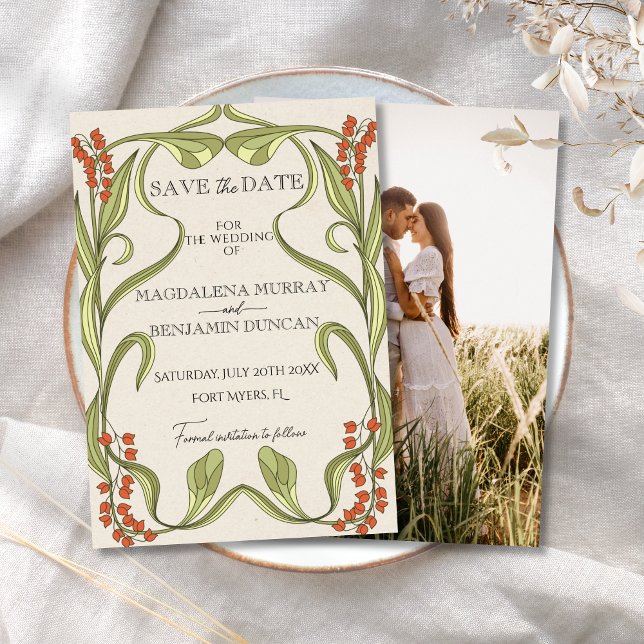 Save The Date Cadre Floral Art Nouveau Orange Green Photo (Créateur téléchargé)