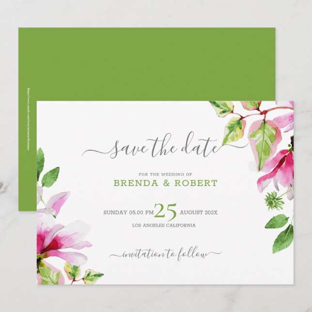 Save The Date Cadre floral de magnolia rose à conserver la date (Devant / Derrière)