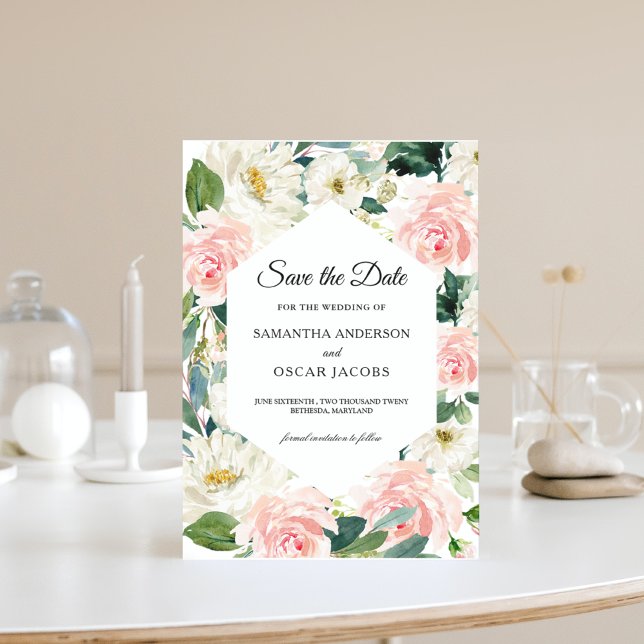 Save The Date Cadre floral élégant rose et blanc à l'aquarelle (Créateur téléchargé)