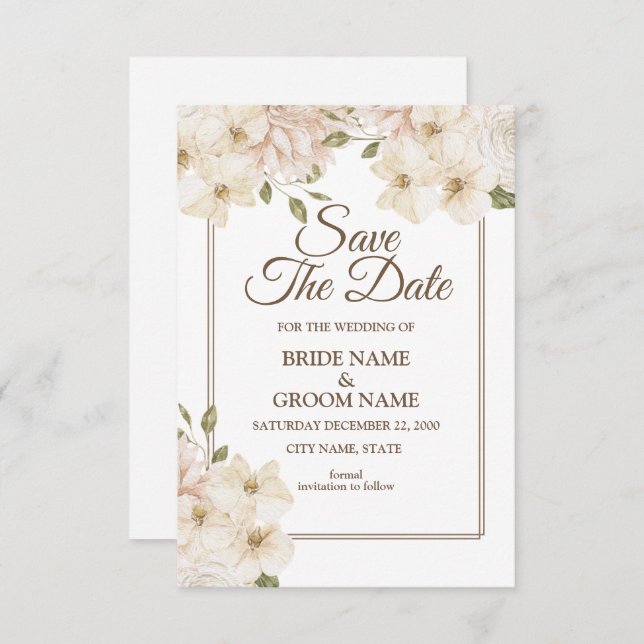 Save The Date Cadre Floral rose blanc Mariage moderne (Devant / Derrière)