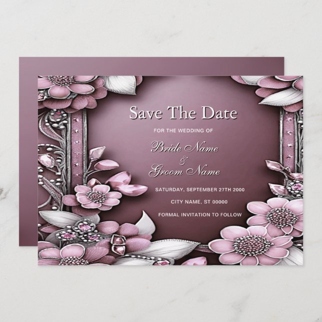 Save The Date Cadre Floral Rose Enregistrer La Date (Devant / Derrière)