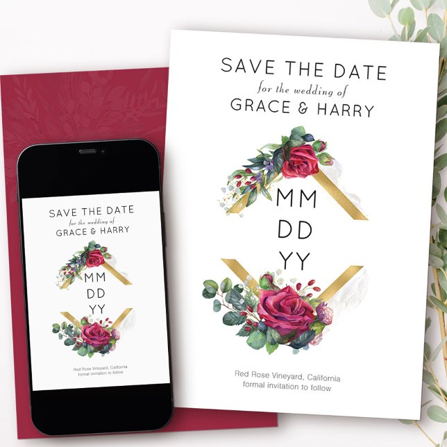 Save The Date Cadre géométrique Diamant Or Rose Rouge (Modern Save the Date from my Red Rose and Eucalyptus collection)
