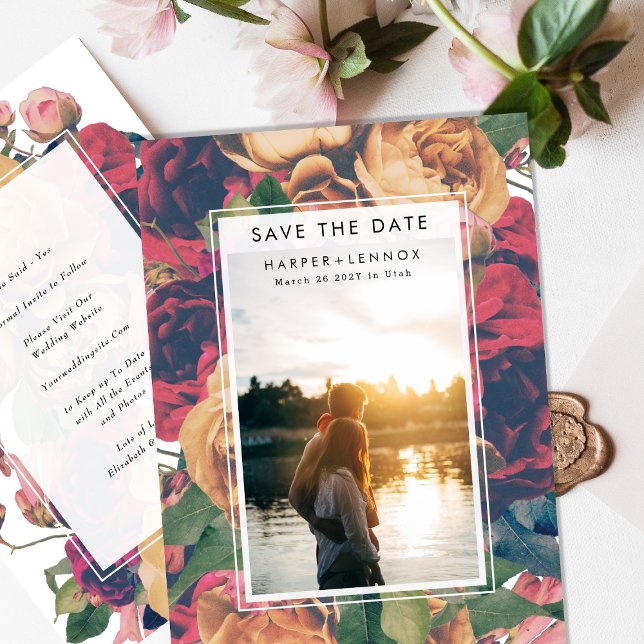 Save The Date Cadre moderne Boho Antique Roses Editable Photo (Créateur téléchargé)