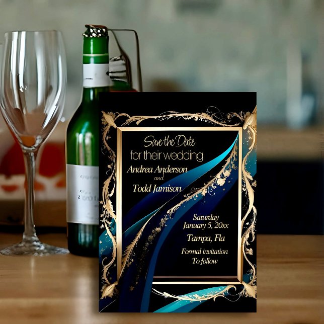 Save The Date Cadre or orné turquoise bleu noir mariage (Créateur téléchargé)