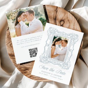 Save The Date Cadre Orné Bleu Élégant 2 Photo QR Code Mariage