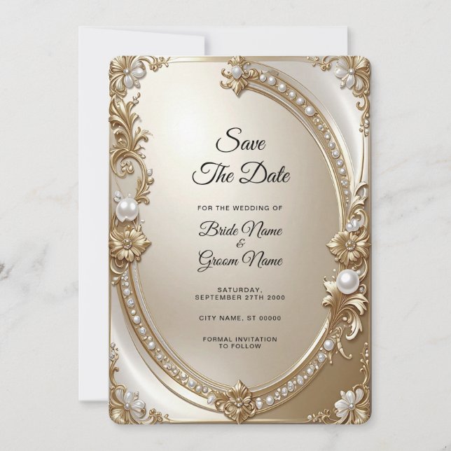 Save The Date Cadre Orné Doré avec Perles Enregistrez la Date (Devant)