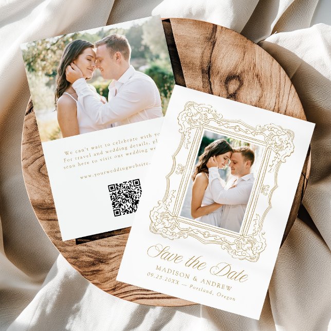 Save The Date Cadre Orné Doré Élégant 2 Photo QR Code Mariage (Créateur téléchargé)