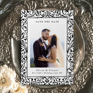 Save The Date Cadre Orné Vintage Noir Photo de Mariage Classique