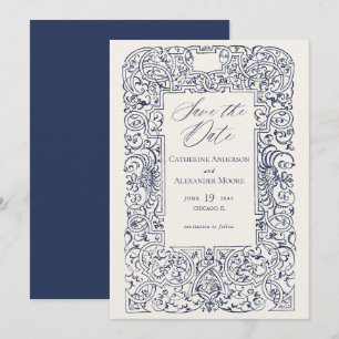 Save The Date Cadre Ornement Vintage Élégant Mariage Bleu
