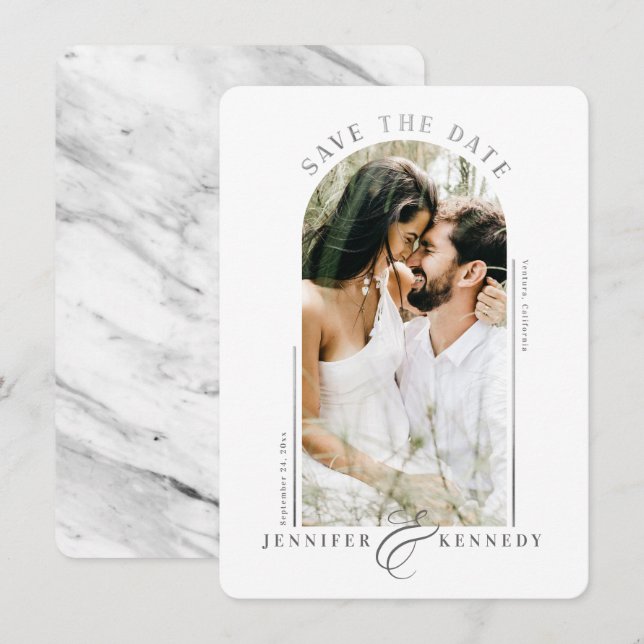 Save The Date Cadre photo Arboré moderne Marbre gris argent Reto (Devant / Derrière)