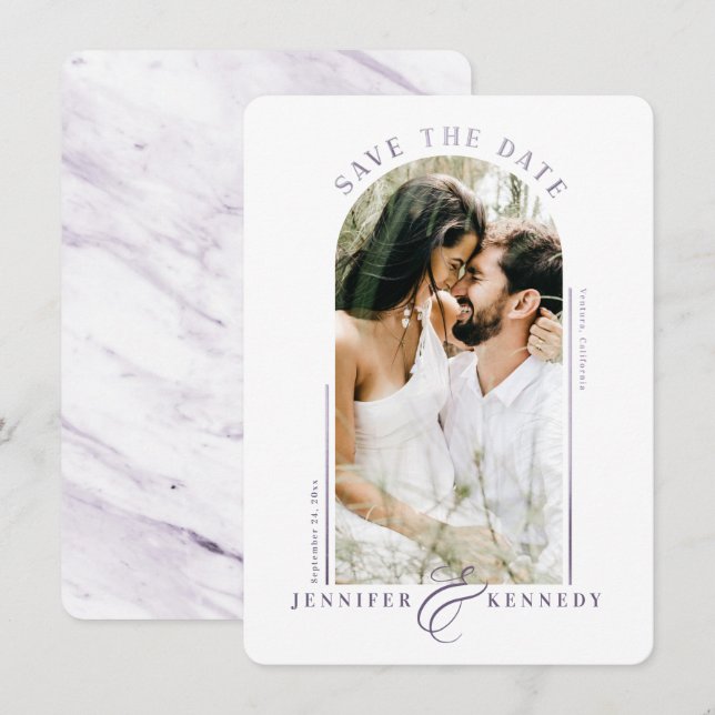 Save The Date Cadre photo Argé moderne Lilac Marbre pourpre Reto (Devant / Derrière)