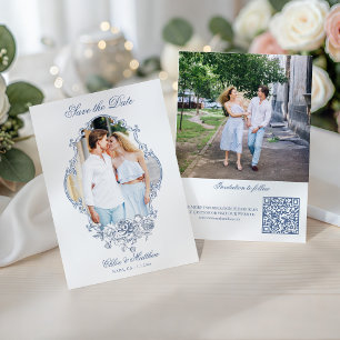 Save The Date Cadre photo floral bleu poussiéreux classique Mari