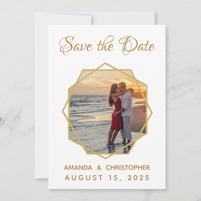 Save The Date Cadre photo géométrique doré Mariage calligraphiqu (Devant)