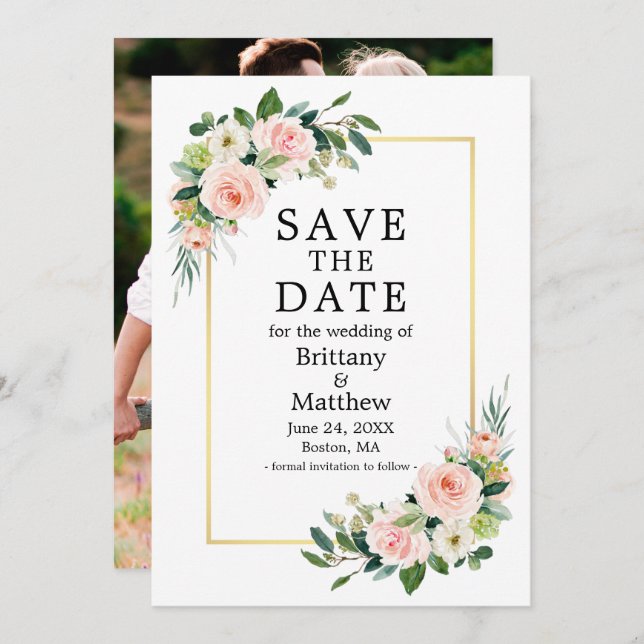 Save The Date Cadre photo rose poudré à l'aquarelle avec roses e (Devant / Derrière)