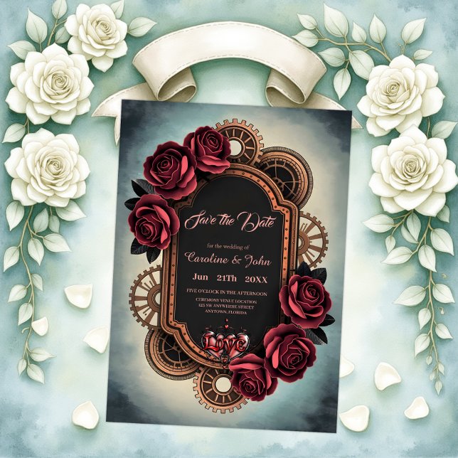 Save The Date Cadre Steampunk avec Roses rouges et Engrenages (Créateur téléchargé)
