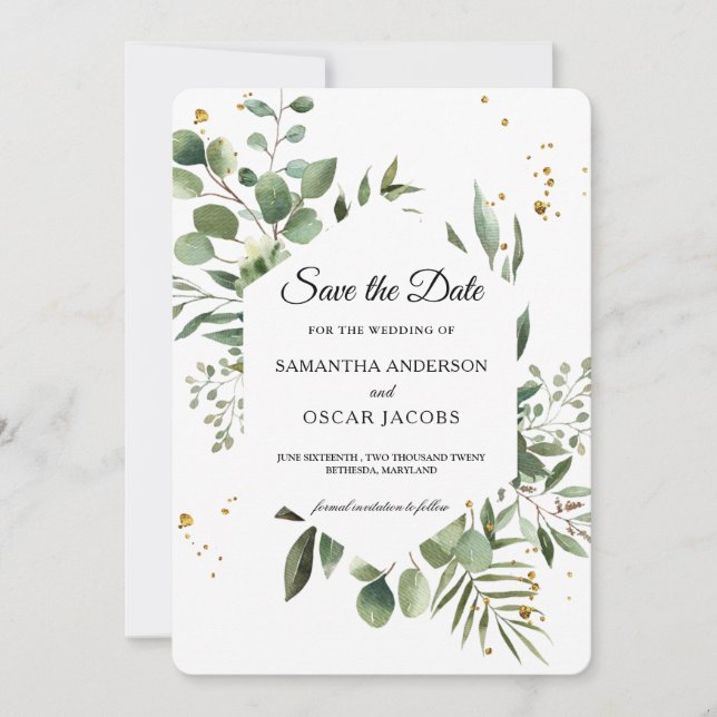 Save The Date Cadre vert eucalyptus à l'aquarelle moderne  (Devant)