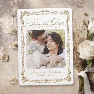 Save The Date Cadre Vintage Or en Script Classique Photo Mariage
