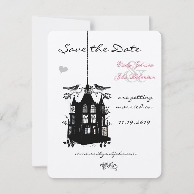 Save The Date Cage d'oiseaux rose et noir mariage Enregistrer la (Devant)