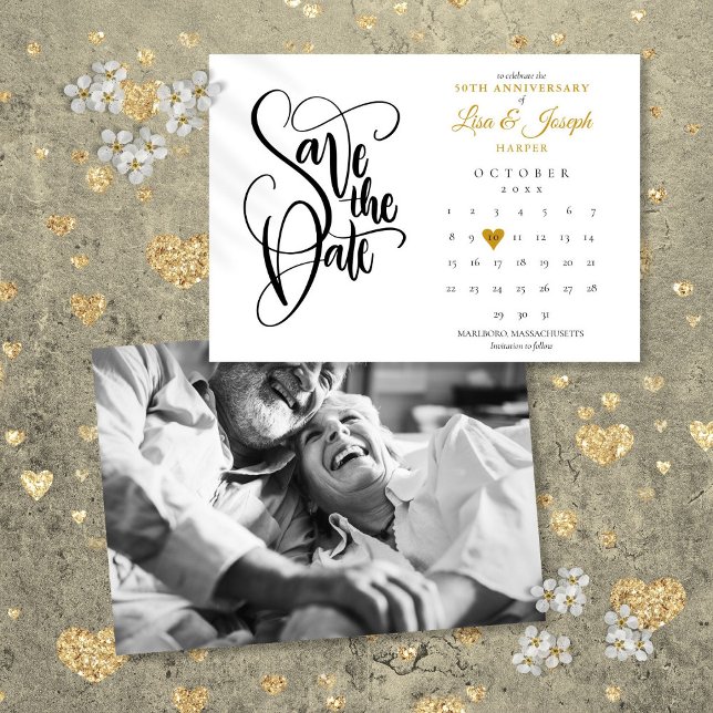 Save The Date Cale ndrier Photo de 50e anniversaire de mariage C (50th Wedding Anniversary Gold Heart Calendar Photo Save The Date)