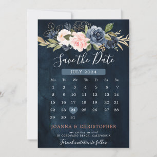 Save The Date Calendrier Bohème Rose Rose Pâle Bleu Marine