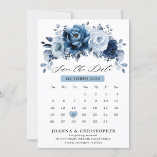 Save The Date Calendrier botanique floral bleu poussiéreux ardoi