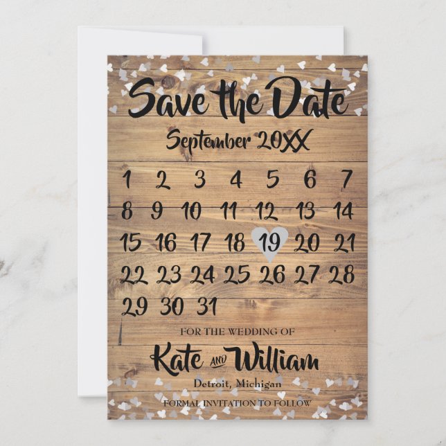 Save The Date Calendrier cœur d'amour en argent rustique Enregis (Devant)
