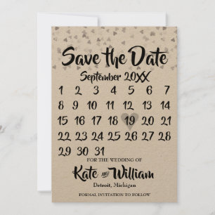 Save The Date Calendrier cœur d'amour en argent rustique, Sauveg