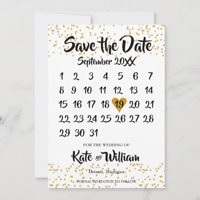 Save The Date Calendrier Cœur d'Amour en Or (Devant)