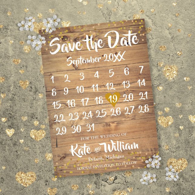 Save The Date Calendrier Coeur d'Amour Or Rustique Épargne la Da (Rustic Gold Love Heart Calendar Save the Date)