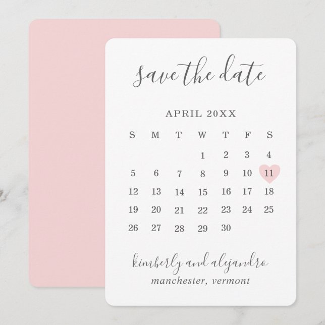 Save The Date Calendrier cœur rose mignon simple Mariage (Devant / Derrière)