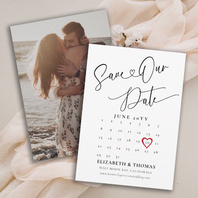 Save The Date Calendrier Cœur Rouge Date Calligraphie Moderne Ma (save the date wedding photo card calendar whimsical red heart modern simple elegant)