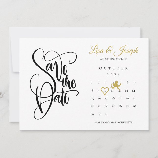 Save The Date Calendrier Cupidon Amour Cœur Doré (Devant)