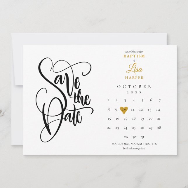 Save The Date Calendrier de baptême Christening Cœur Doré (Devant)