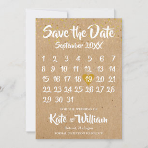 Save The Date Calendrier de cœur d'amour Kraft rustique, Sauvega