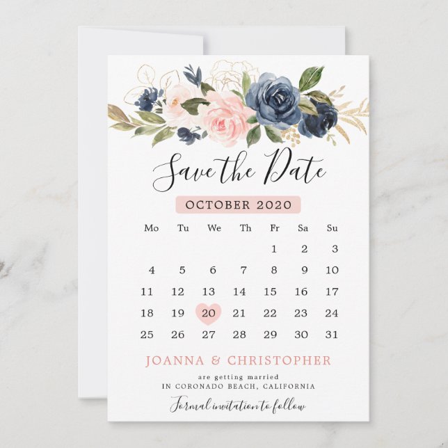 Save The Date Calendrier de la Marine Blue Blush Rose Rose Boho (Devant)