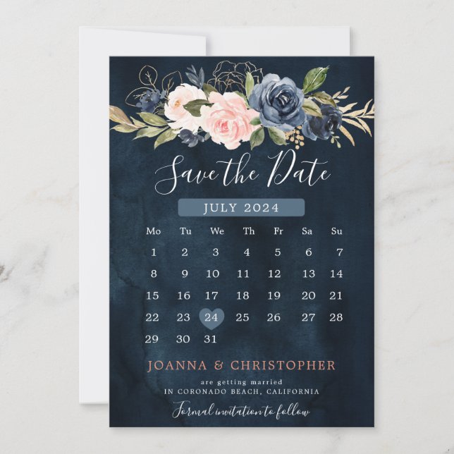Save The Date Calendrier de la Marine Blue Blush Rose Rose Boho (Devant)