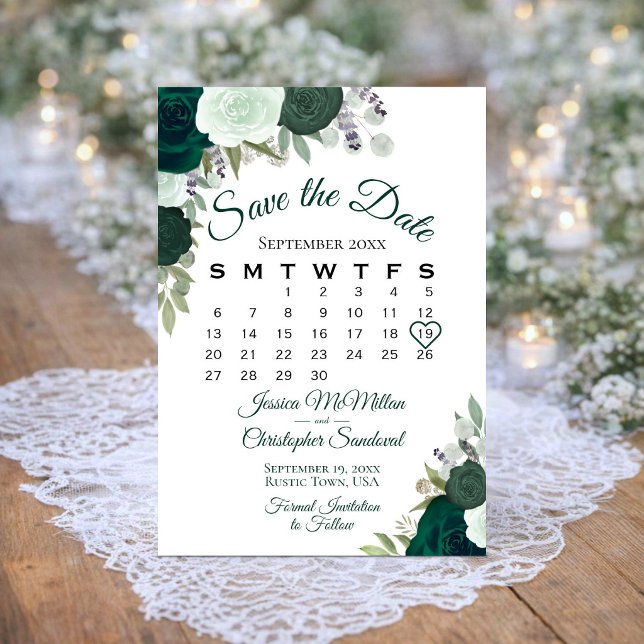 Save The Date Calendrier de mariage bohème élégant à fleurs vert (Customize the Calendar and Drag the Heart over Your Wedding Date!)